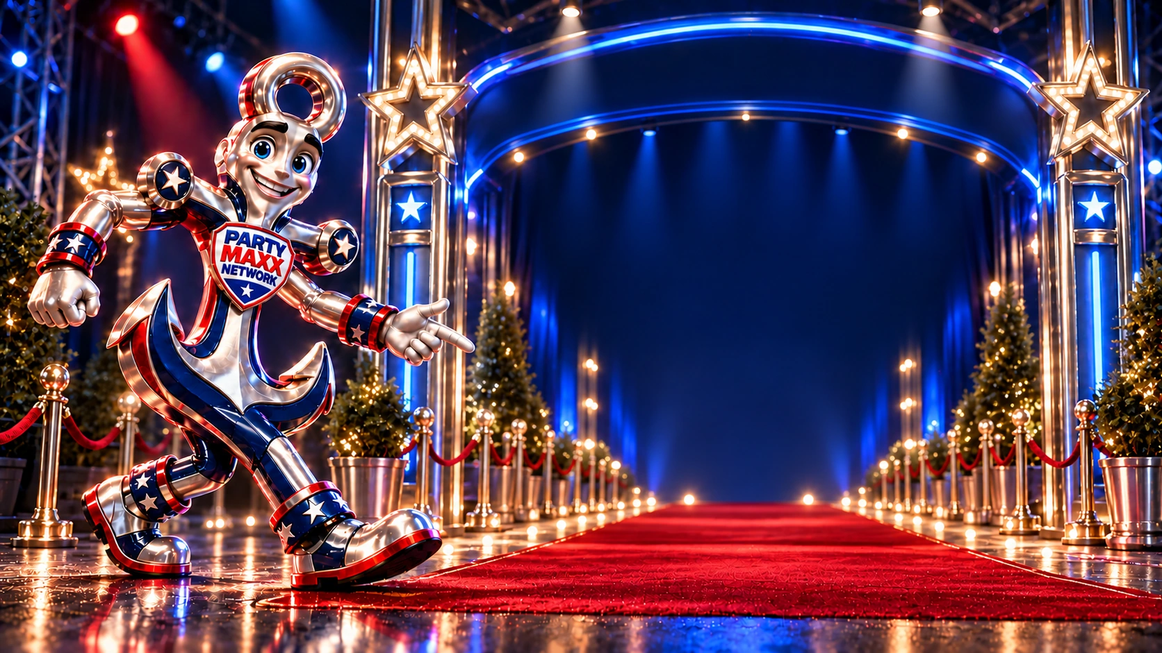Anchor, the chrome PARTY MAXX mascot with his PARTY MAXX NETWORK chest badge, welcomes you to a red carpet event portal.